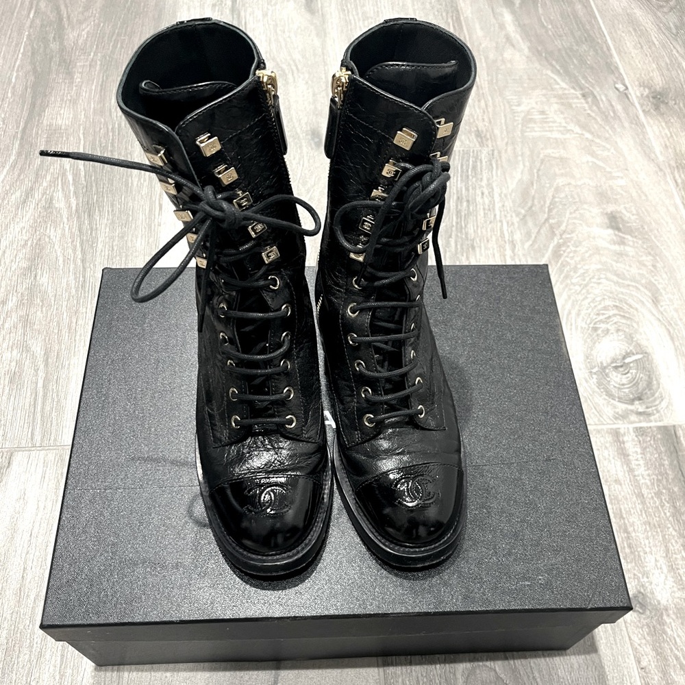 COPY - Authentic CHANEL BLACK LACE UP BOOTS- 37.5